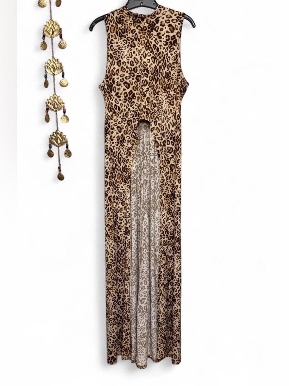 Vintage Leopard Print Sleeveless Mock Neck High Low Maxi Tank Top Dress Size XL